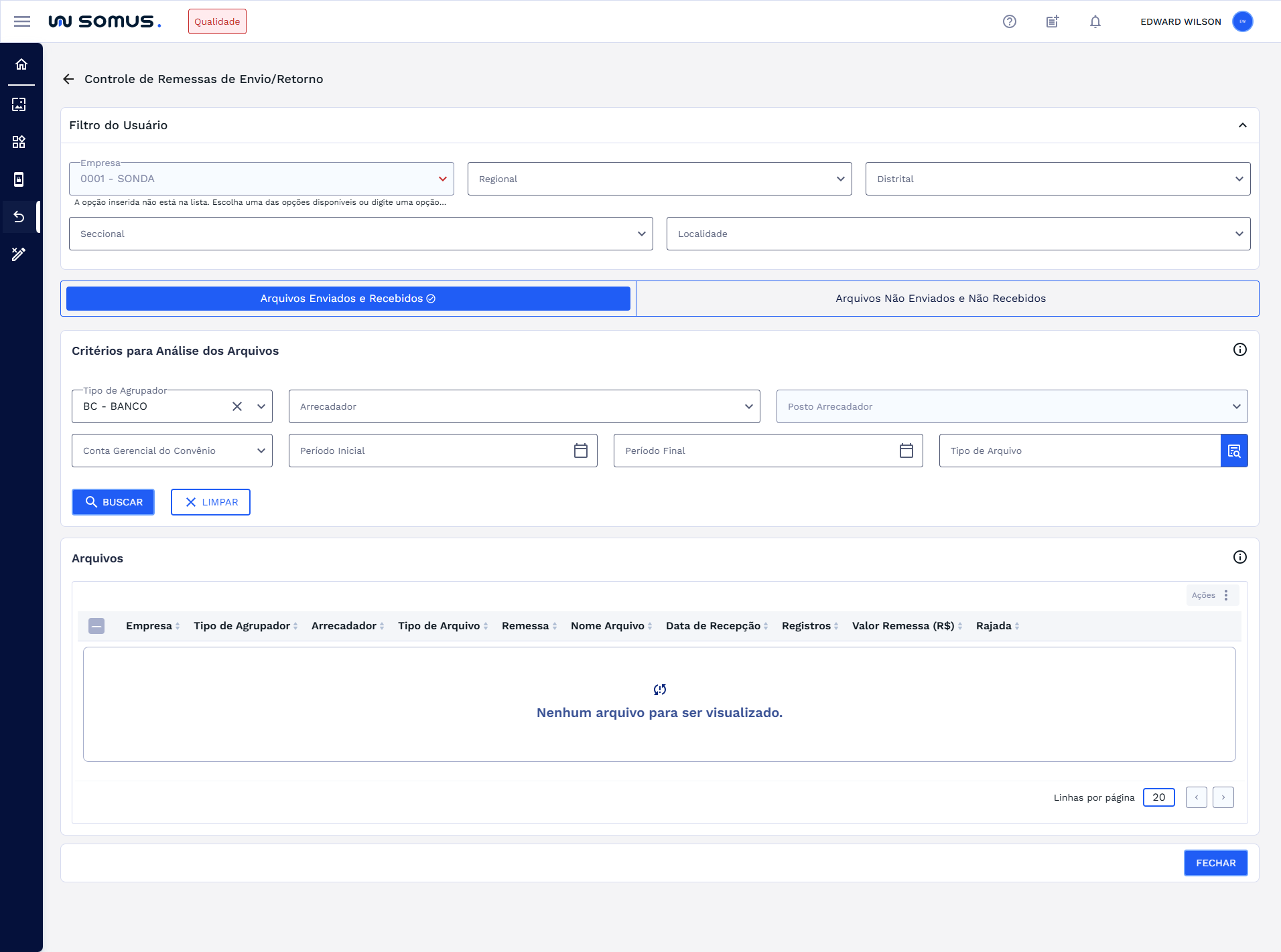 Figura 1: Tela de Controle de Remessas de Envio/Retorno