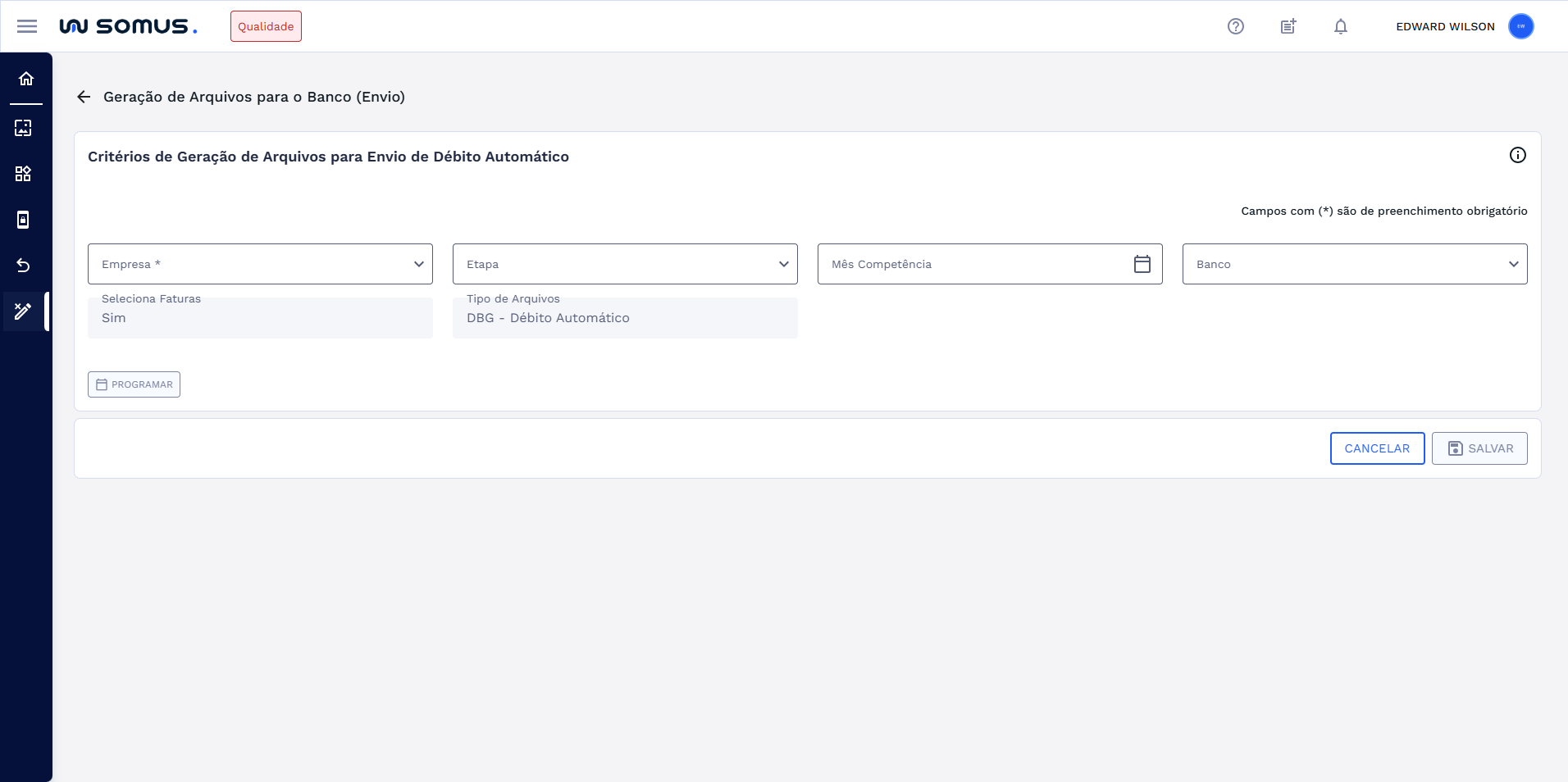 Tela de Geração de Arquivos para o Banco (Envio)