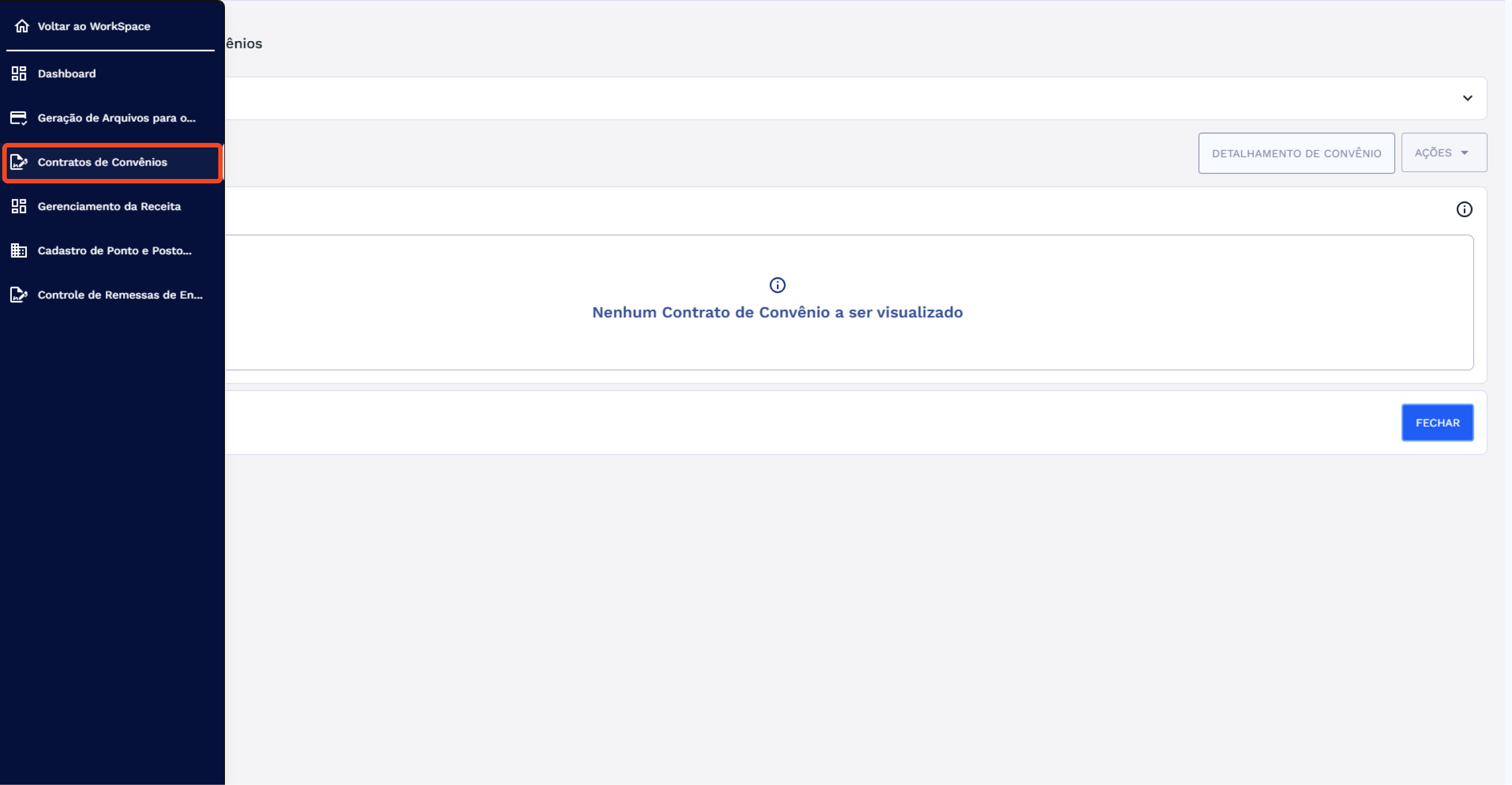 Figura 1: Menu Workspace Arrecadação – Contratos de Convênios