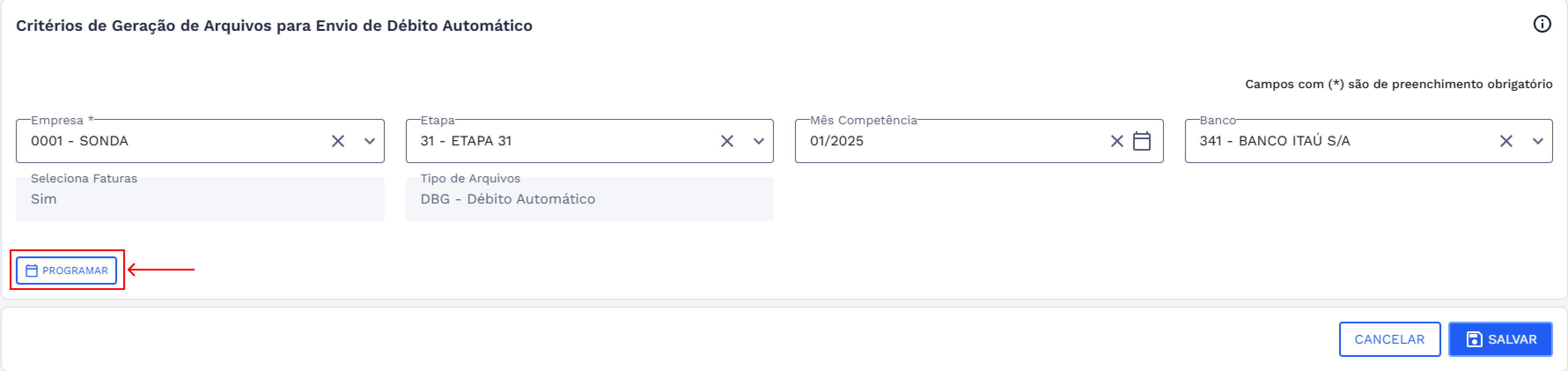 Botão PROGRAMAR habilitado