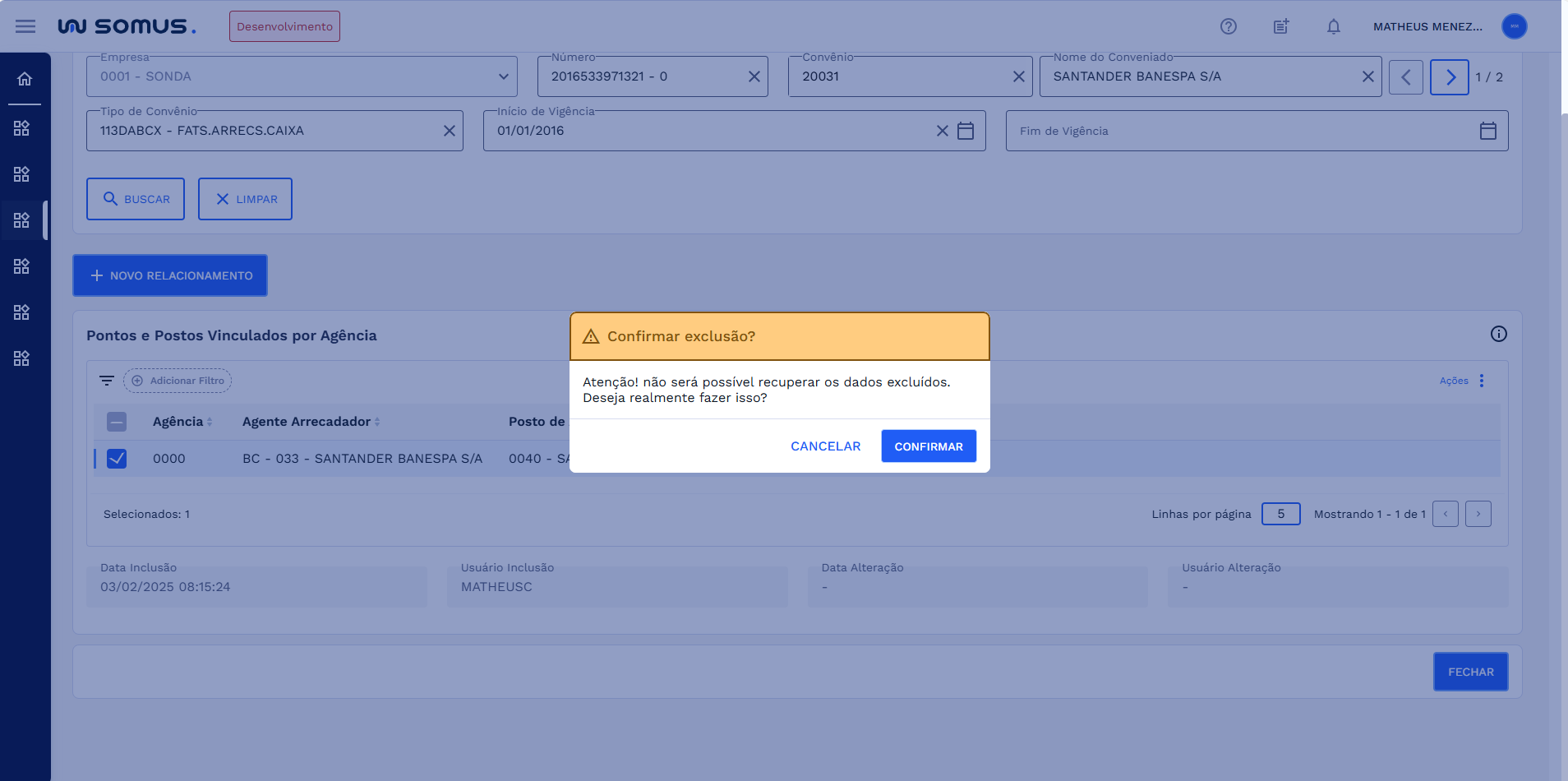 Figura 19: Caixa de diálogo - Confirmação de exclusão"