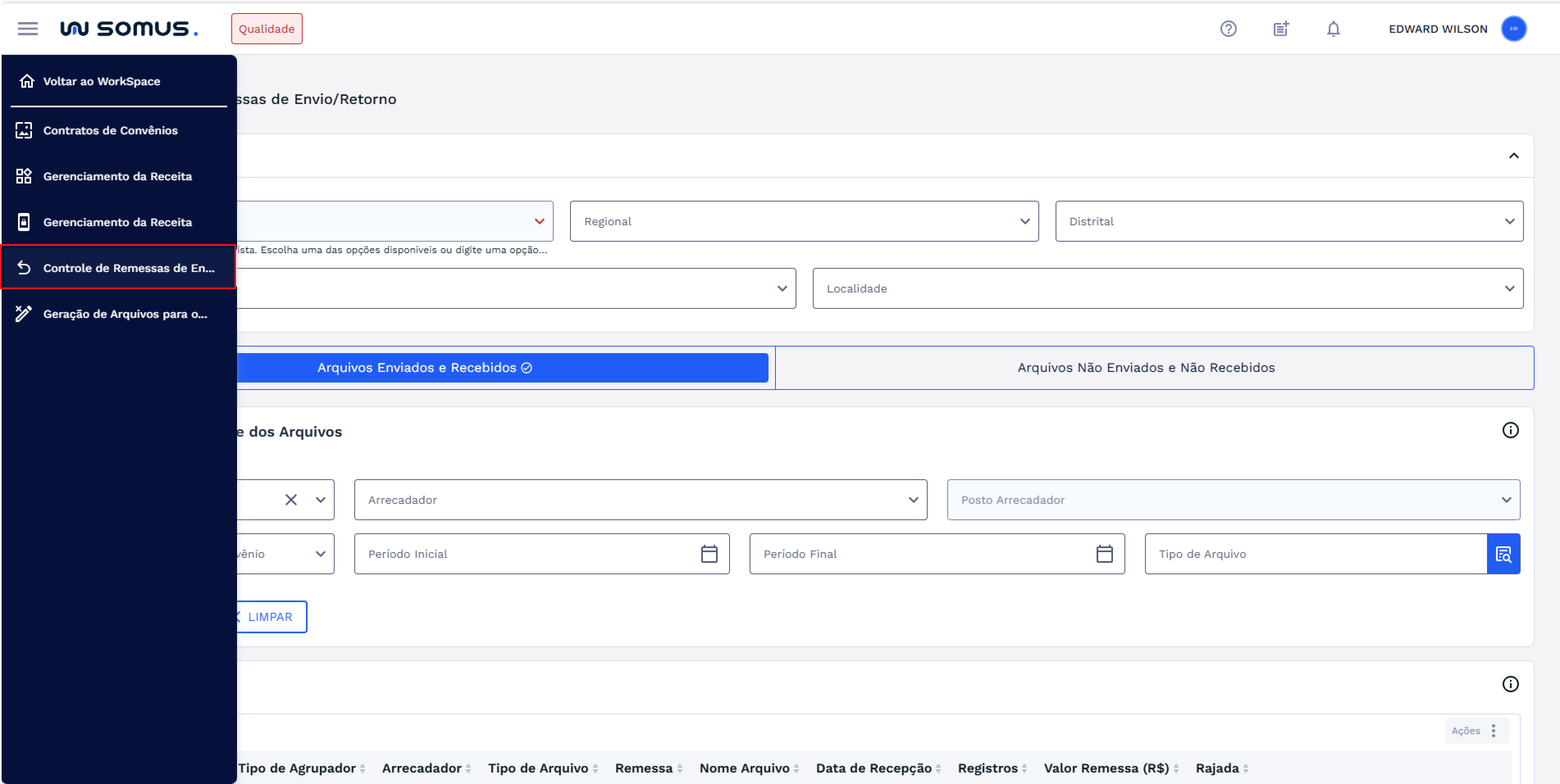 Figura 2: Menu Workspace Arrecadação – Controle de Remessas de Envio e Retorno