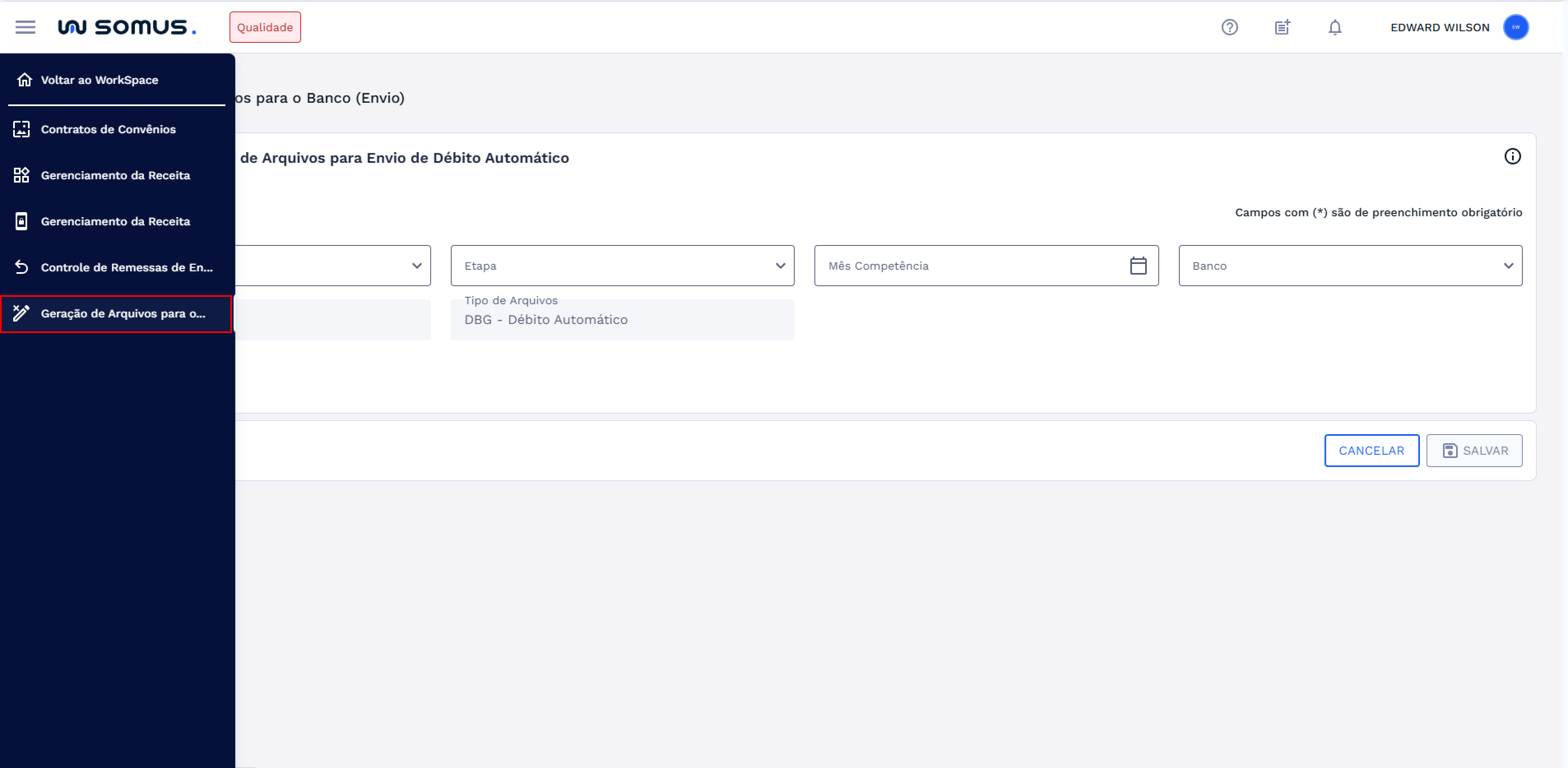 Menu Workspace Arrecadação – Geração de Arquivos para Banco (Envio)