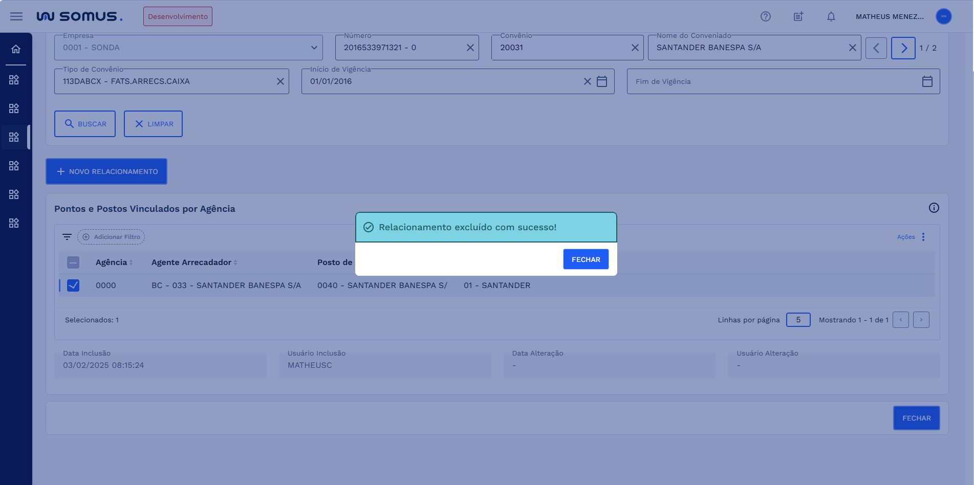 Figura 20: Caixa de diálogo - Sucesso na exclusão
