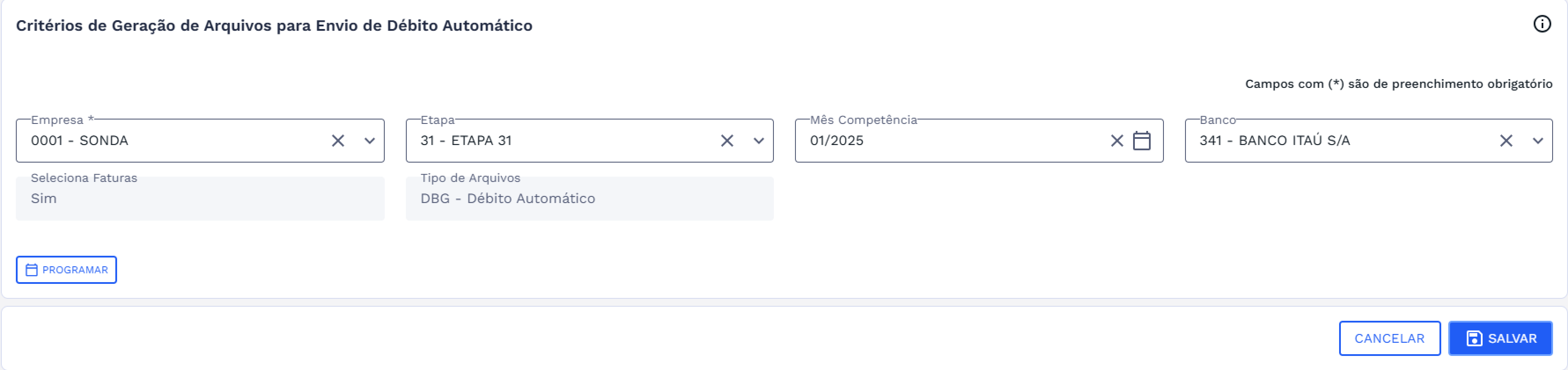 Seção - Critérios de Geração de Arquivos para Envio de Débito Automático
