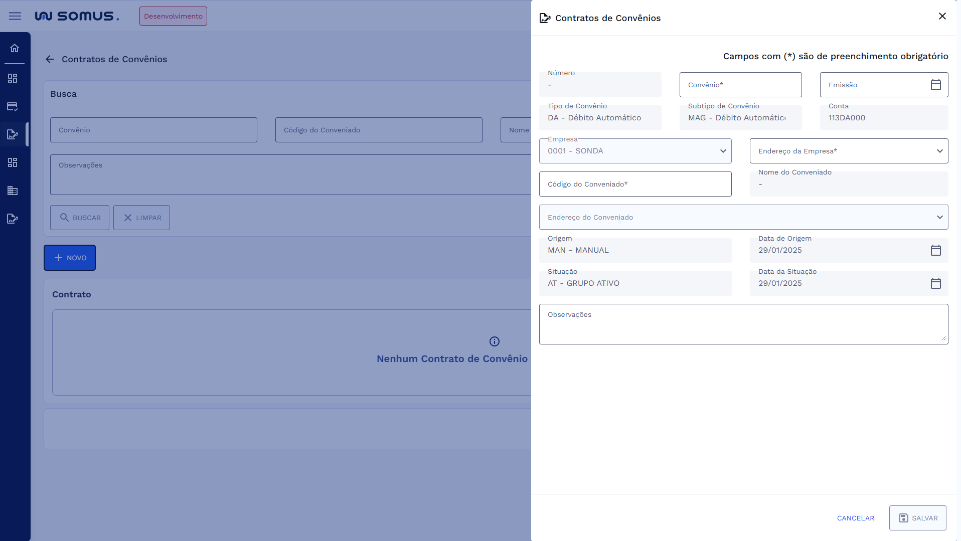 Figura 7:  Janela cadastro Contratos de Convênios – Modo Inclusão