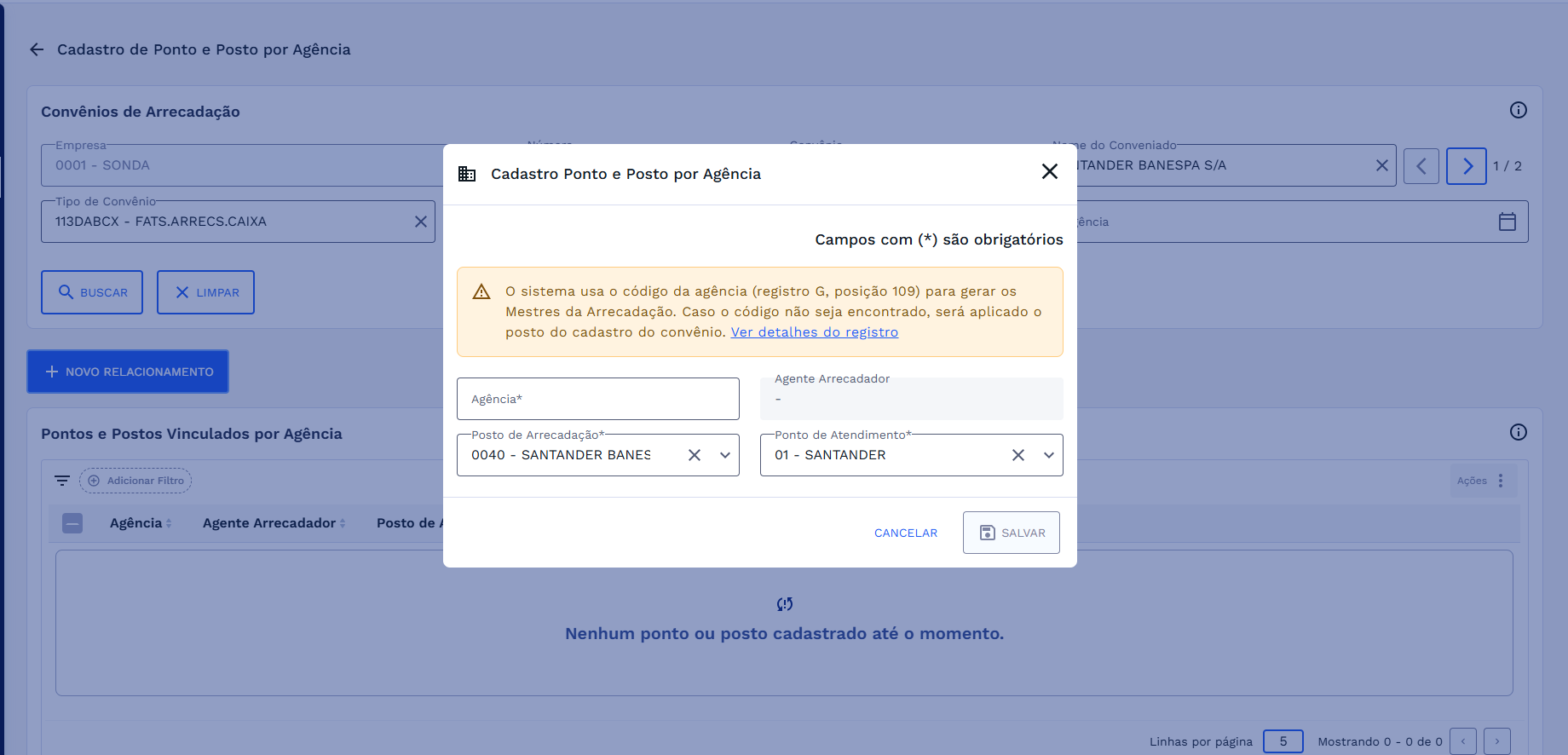 Figura 8:  Janela Cadastro de Ponto e Posto por Agência – Modo inclusão