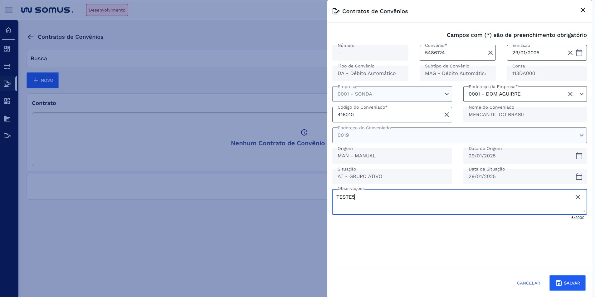 Figura 8:  Janela de cadastro preenchida - Botão salvar ativado