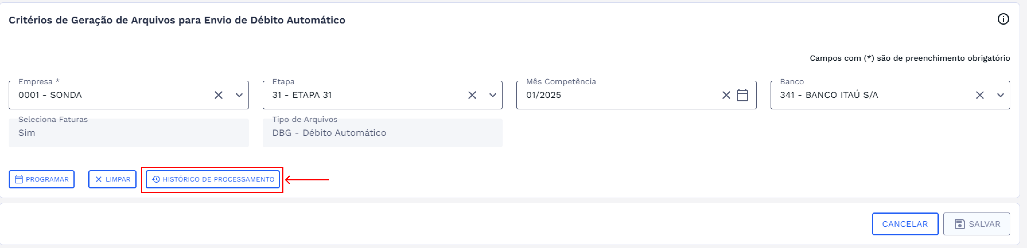Botão Histórico de Processamento